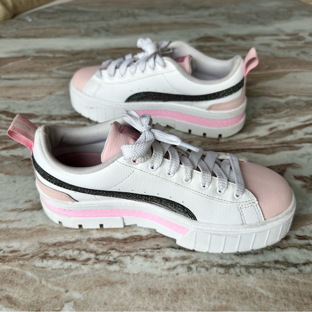 Puma Mayze Aurora Lace Up Youth Girls White Sneakers Casual Shoes 38731501